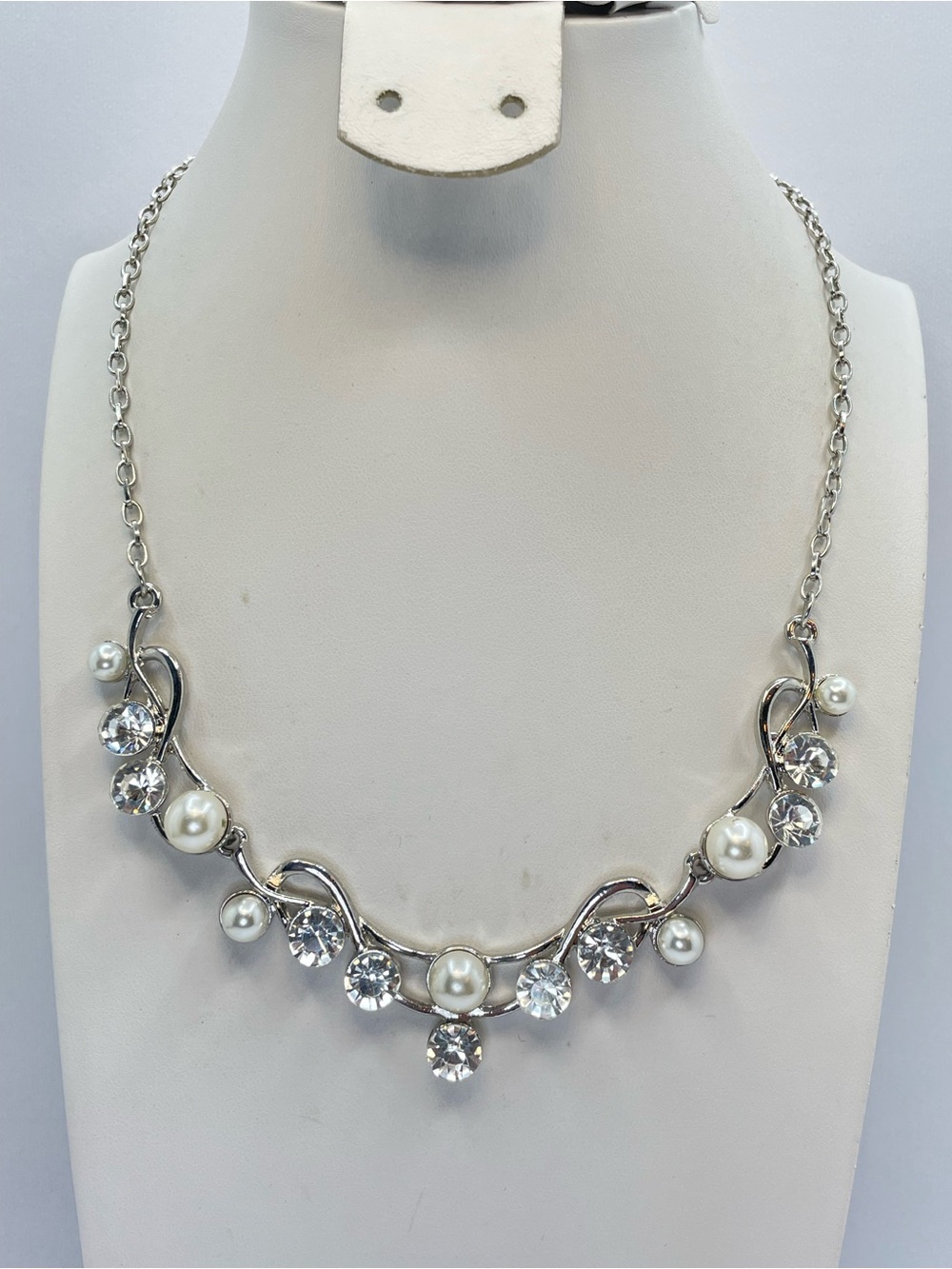 Silver Diamond White CZ Faux Pearl Statement Necklace Bridal Elegant